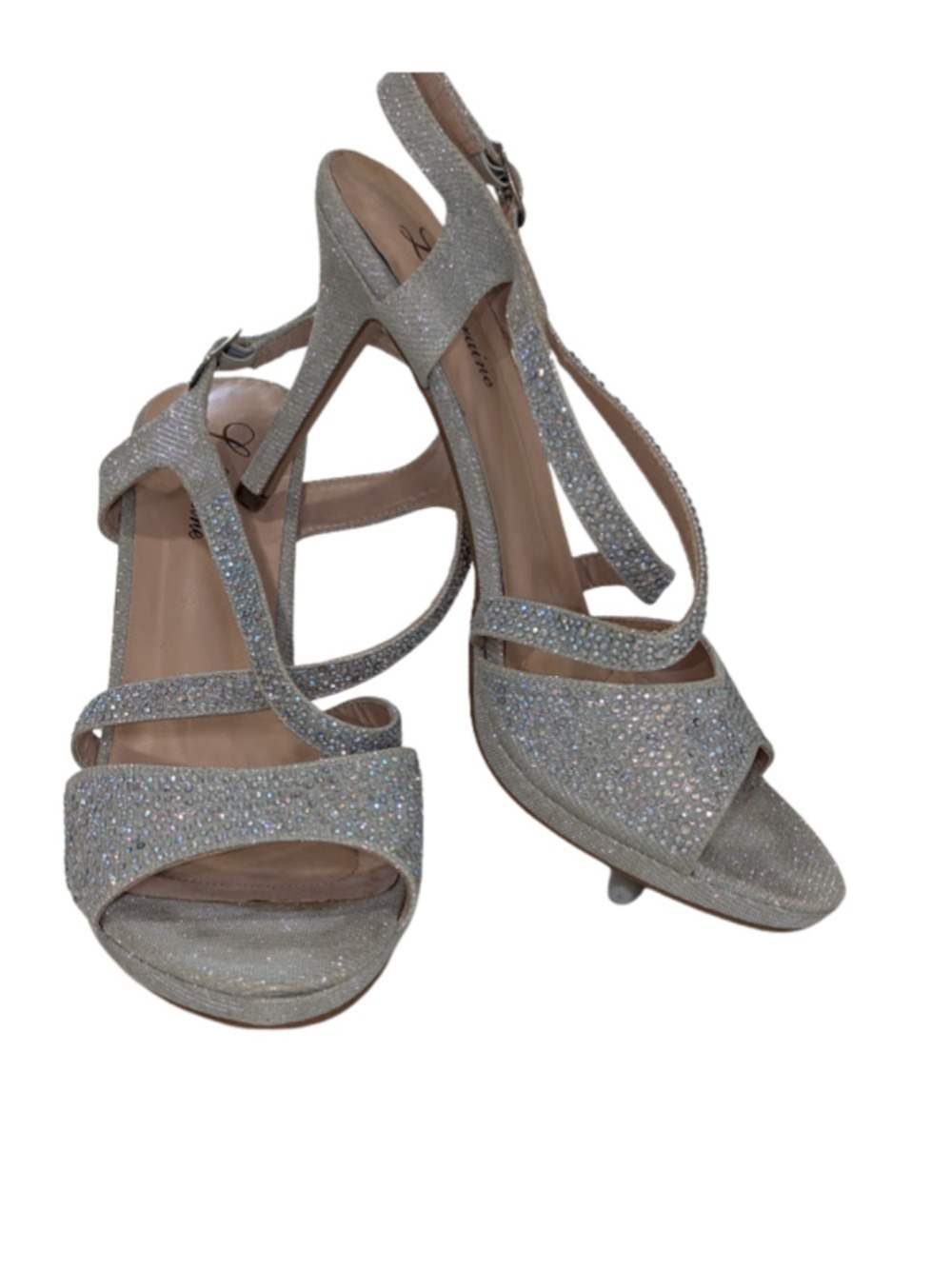 L Lorraine Veronica Rhinestone 4" Heels Silver Glitter Strappy Sandals Size 10
